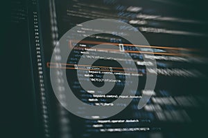 Programmer developer screen, web app coding. Script on computer. Modern display of data source code. Programming code abstract