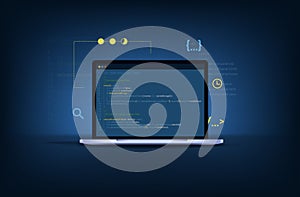 Computer programming, software development illustration with coding symbols.