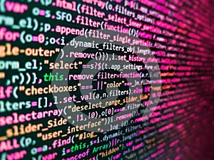 Computer programming source code. Modern tech. Coding application by programmer developer. Software developer programming code on