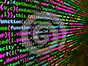 Computer programming source code. Php language and coding function developer. Computer script coding source code on desktop