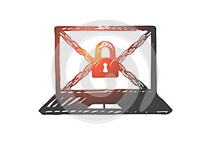 Computer, protection, access, data, lock concept. Hand drawn isolated vector.