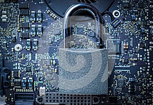 Computer protection. Data protect with padlock, key on microscheme chip. Business, technology, internet and networking