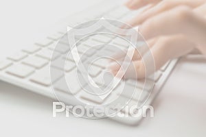 Computer protection. Data protect symbol on blured keyboard background. Business, technology, internet and networking