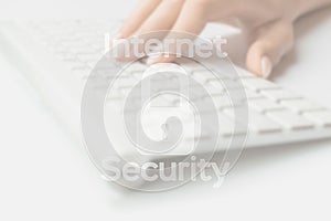 Computer protection. Data protect symbol on blured keyboard background. Business, technology, internet and networking