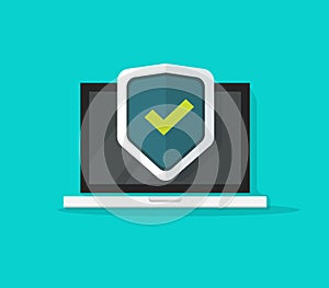 Computer protection vector icon isolated, flat cartoon laptop protected with shield symbol, idea of pc security