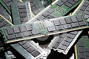 Computer RAM memory modules background. DDR RAM memory chips. Memory for servers and workstations. PC RAM modules for upgrade.