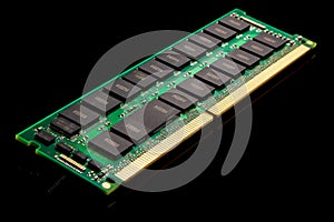 Computer RAM Module Close-up on Black Background