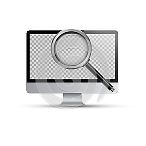 Computer and Realistic Magnifying glass.Vector illustration.Computer pc with transparent screen for your image.3d mock up.A