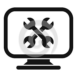 Black and white icon of computer screen with wrenches, symbolizing technical support