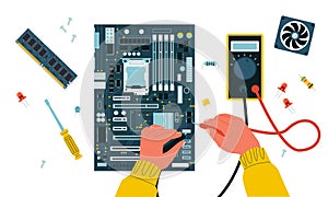 Computer repair. Electric circuit troubleshooting and maintenance with tester, semiconductor hardware components