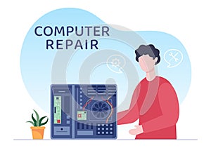 Computer Repair or Service Flat Cartoon Illustration with Tools Repairman Electronics for for Data Recovery Center and Crash on PC