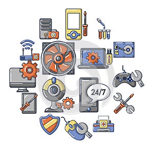 Computer repair service icons set, cartoon style