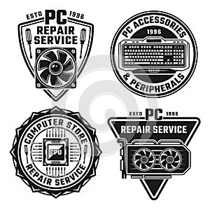 Computer repair service set of four vector emblems