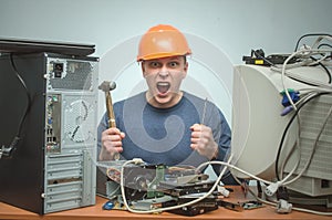 Computer repairman. Computer technician engineer. Support service.