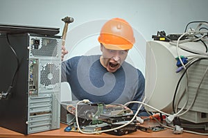 Computer repairman. Computer technician engineer. Support service.