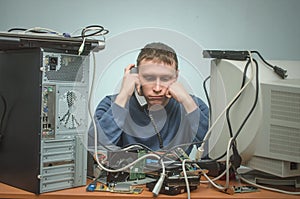 Computer repairman. Computer technician engineer. Support service.