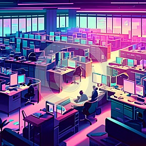 Computer room with neon lights, 3d rendering. Computer room with neon lights, 3d illustration. Computer room with neon lights. Gen