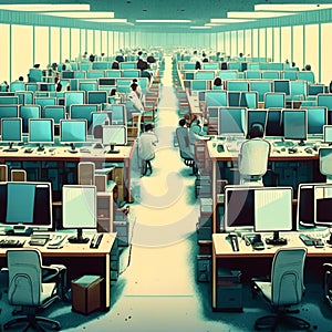 Computer room with rows of computers. 3D rendering, 3d illustration. generative AI