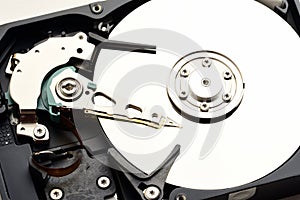 Computer sata hard disk drive disassembled closeup
