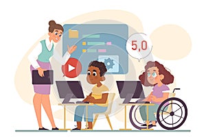 Computer science class for kids. Diverse children programming