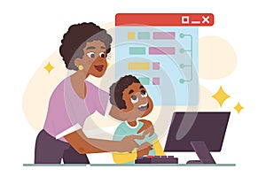 Computer science class for kids. Little black boy programming and coding
