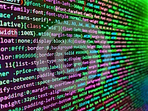 Computer science lesson. Screen of web developing php code on dark background. Background of software developer script. Concept of