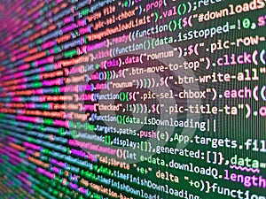 Computer science lesson. Screen of web developing php code on dark background. Web software. Abstract program code on computer