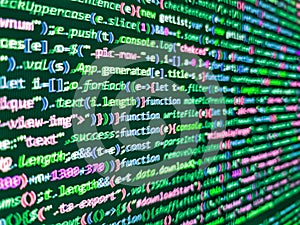 Computer science lesson. Website programming code. Programming code screen of software developer. Software developer programming