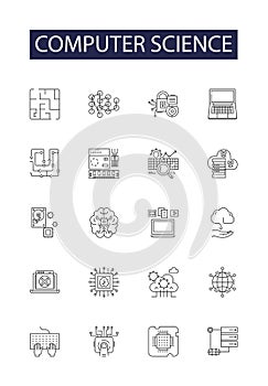 Computer science line vector icons and signs. Programming, Algorithms, Networks, Data, Analysis, Security, AI, Software