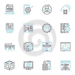 Computer Science linear icons set. Algorithm, Binary, Cache, Compiler, CPU, Database, Debugging line vector and concept