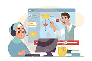 Computer science online class for kids. Little girl in hijab programming