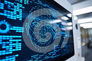Computer screen analyzing facial recognition data