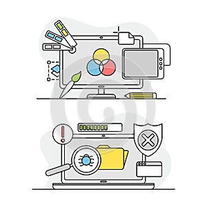 Computer screen with application tools and installing options set. Diagnostics and repair, maintenance and technical