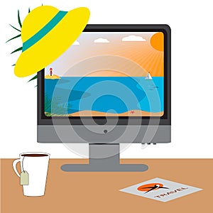 Computer screen with beach. Online travel with computer. vector illustration, concept of online trip or journey booking