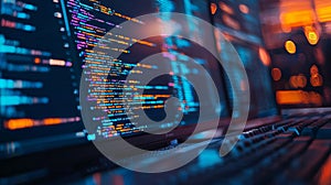 Computer screen with colorful code displayed on multiple monitors