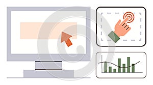 Digital Interaction and Data Analysis Concept with Cursor, Touchscreen, and Graphs