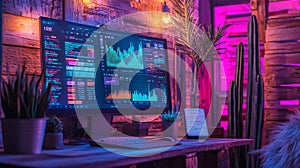 On a computer screen, a data analytics dashboard is shown at night