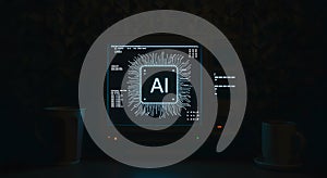 Computer Screen Displaying Artificial Intelligence Diagram in Dark Office