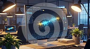 Computer screen displaying blockchain transaction data analytics in a modern office