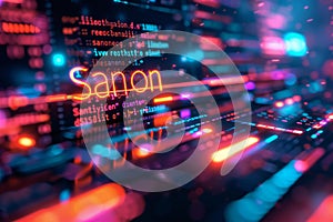 A computer screen displaying the code for an amazing web page, with vibrant colors and complex code patterns. the background