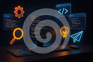 Computer screen displaying code with glowing programming icons and tablet monitor keyboard