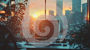 Computer screen displaying code in a modern office during sunset