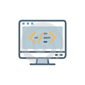 Computer screen displaying code symbols in flat design style