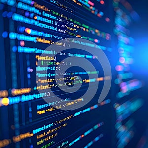 A computer screen displaying colorful code on a dark blue background