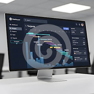 Computer screen displaying complex data and charts in an office setting