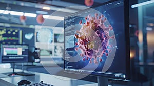 A computer screen displaying a 3D model of a virus with AIgenerated predictions of potential mutations and new outbreaks photo