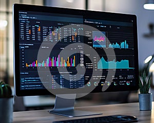 Computer screen displaying data analytics charts and graphs on a wooden desk