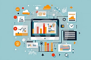 Computer Screen Displaying Data and Charts with Connected Icons