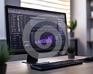 Computer screen displaying data charts with keyboard and mouse on desk setup