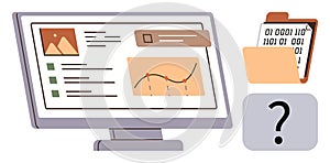 Data Analysis on Monitor with Digital File Folder and Binary Code Document
